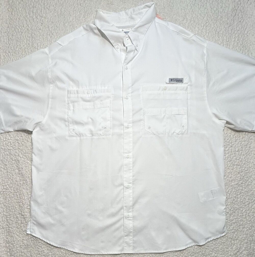 As-Is Columbia PFG Mens XXL Short Sleeve Fishing Shirt White Button Up Flaw Read